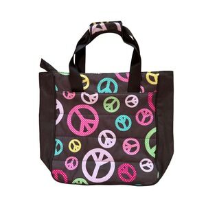 Y2K PBteen Brown Peace Sign Polka Dot Tote Bag Zippered School Travel 2000s